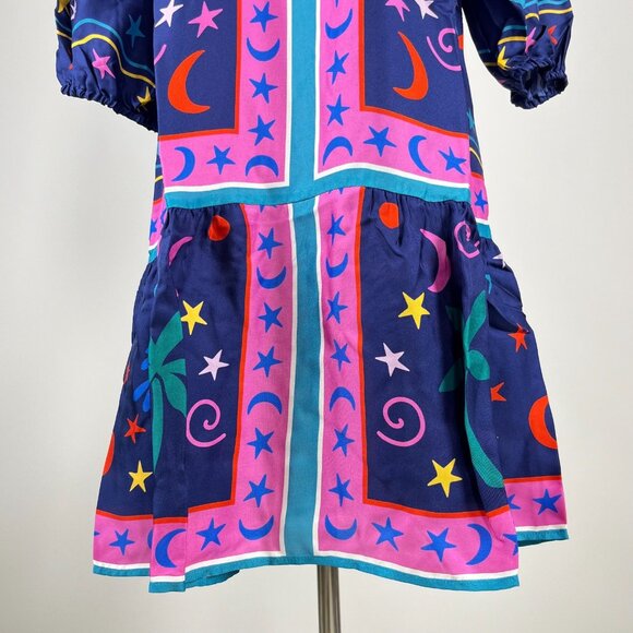 $398 NWOT Johnny Was Silk Blend Floral Mini Dress Size S Lace-up Stars Moon - Picture 5 of 13